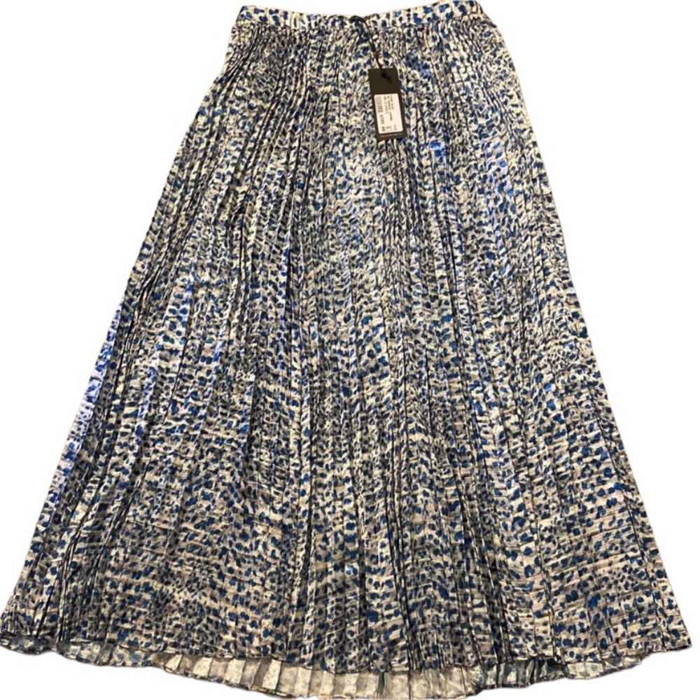 HUNTER BELL Blue and White Pleated Midi Skirt